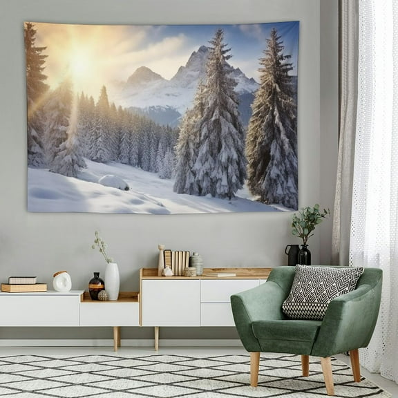 Fenyluxe Winter Mountain Forest Tapestry Frozen Snow Forest White Trees Tapestry Wall Hanging 60x40 Inch Winter Scene Winter Wonderland Christmas Holiday Wall Decor for Bedroom Dorm