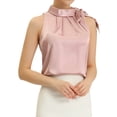 thumbnail image 1 of Blusa elegante de satén sin mangas con lazo y cuello de pajarita para mujer Rosa L, 1 of 6