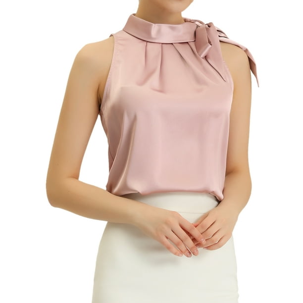 Blusa elegante de satén sin mangas con lazo y cuello de pajarita para mujer Rosa L