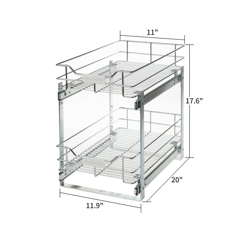 Home Zone Living 2 Tiers Pull Out Storage Organizer, 11 WX 20D, Silver, Size: 12.15 W x 20 D x 17.60 H