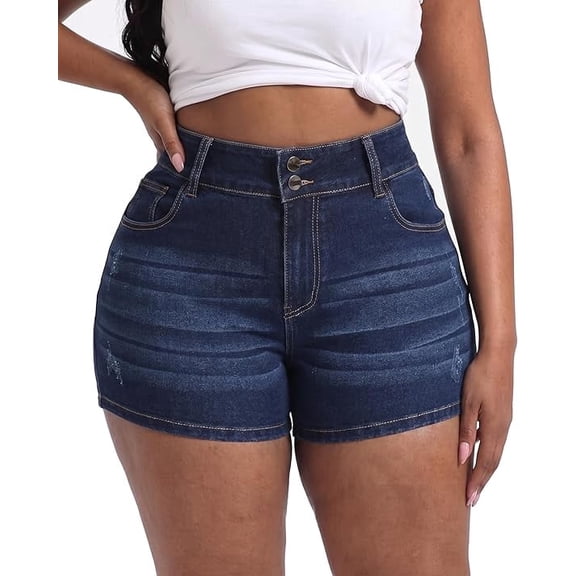 Gocolloa Plus Size Jean Shorts for Curvy Women Stretchy 3.5" Inseam Comfort High Waisted Denim Shorts Dark Blue 22W