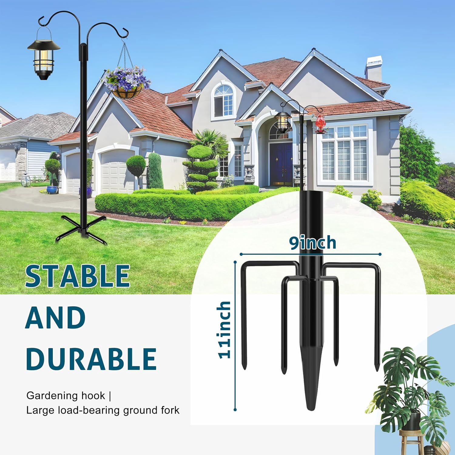 Ottsuls Double Shepherds Hooks for Outdoor, 76 Inch Bird Feeder Pole with 5 Prong Base, Upgrade 1 INCH Thick Heavy Duty Planter Hook Hanging Baskets, Lantern,1 Pack