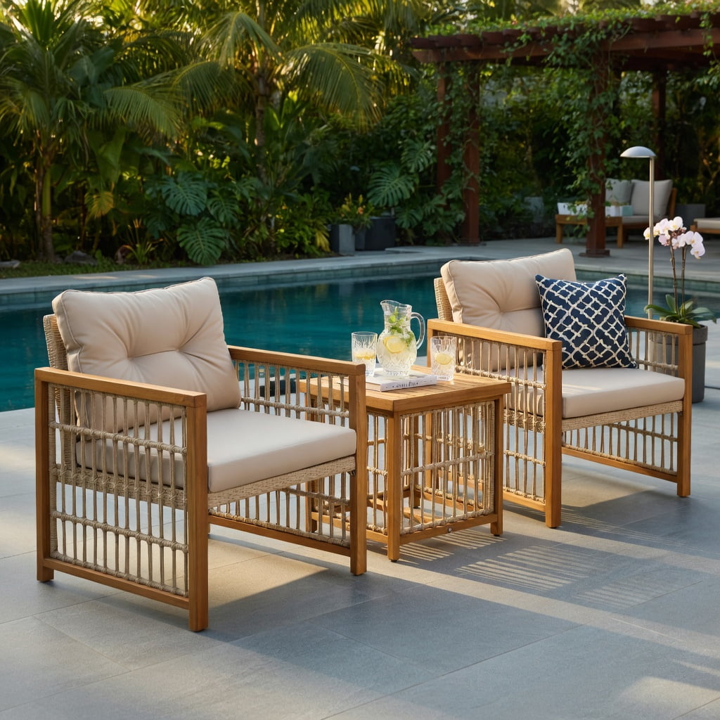 Hommoo 3-Piece Outdoor PE Wicker Patio Furniture Set, Cushioned Acacia Wood Conversation Set with Square Coffee Table & Ergonomic Chairs, Brown