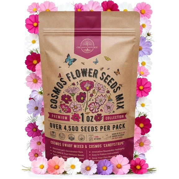 Organo Republic Cosmos Flower Seeds 1 oz, 4,500  Non-GMO Heirloom Annual Flower Seeds for Planting, Outdoor & Indoor Garden Seed Mix for Pollinators