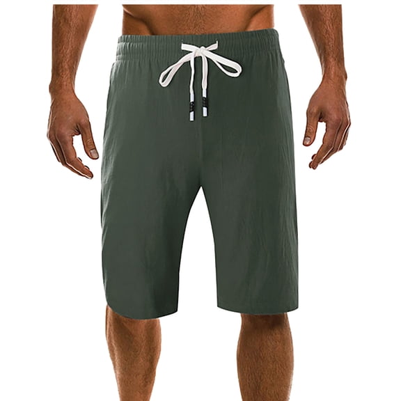 Flash Picks HOOMEUMY Men's Summer Linen Shorts Drawstring Elastic Waist Solid Color Bermuda Beach Shorts with Pockets Army Green XXL