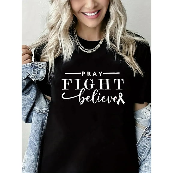 Breast Cancer Tshirt Pray Fight Believe Print Short Sleeve Shirt for Women