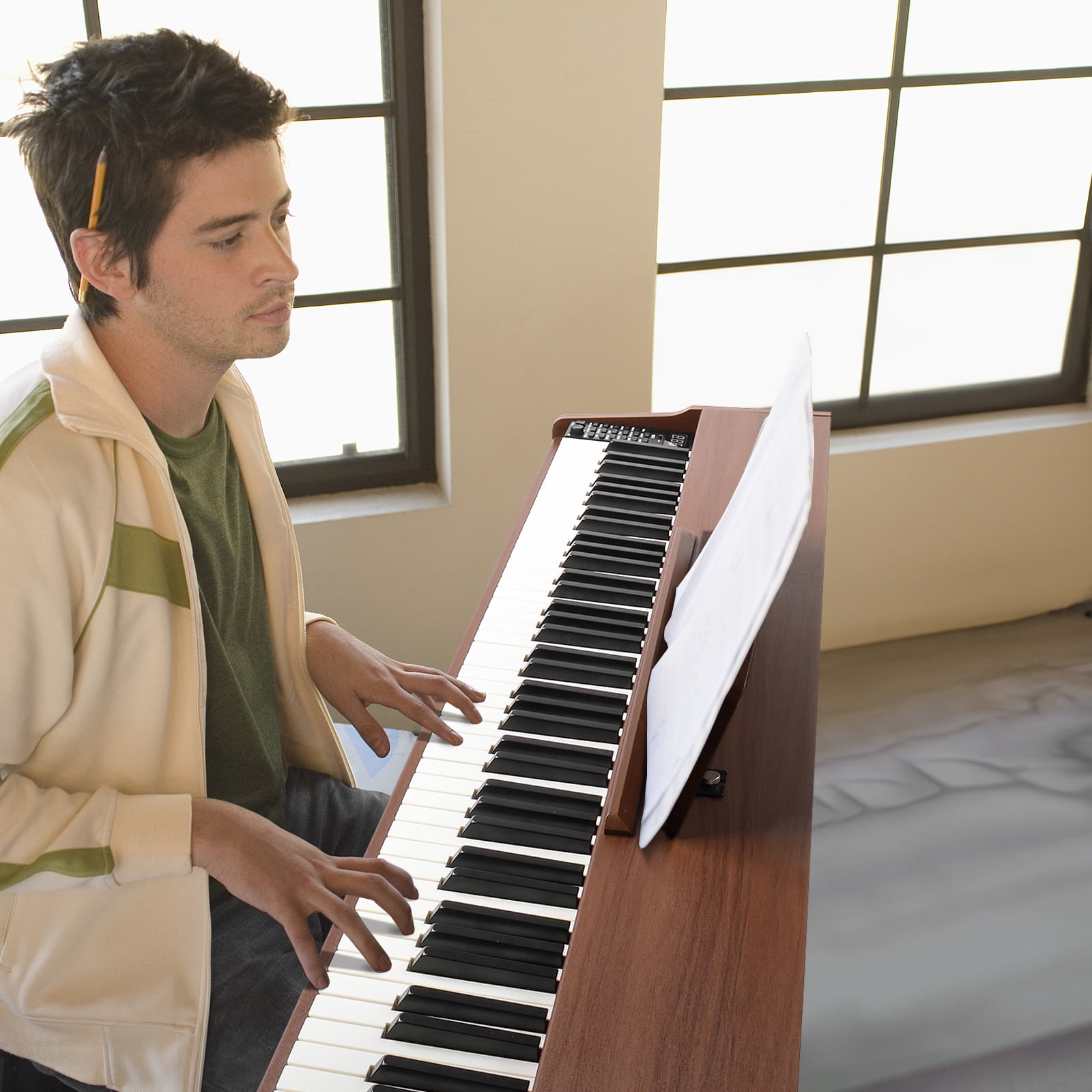 Ktaxon 88 Key Keyboard Piano Weighted Action Electronic Keyboard, Digital Piano with 3-Pedal Unit, Removable Music Stand, Stereo Headphone, Light Brown