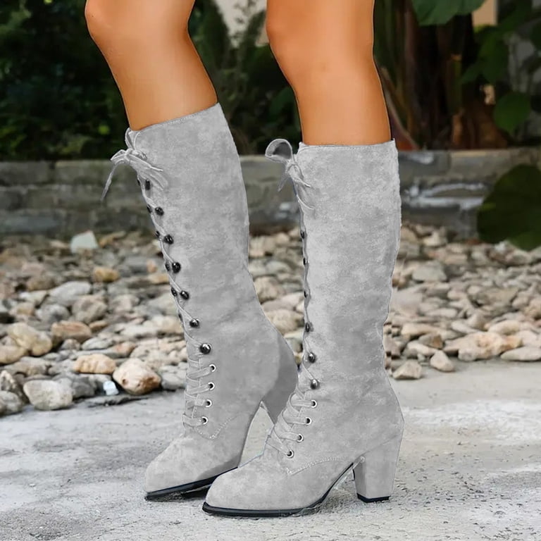 Modisza Womens Knee High Boots Suede Chunky Heel Lace up Riding Boot Lug  Sole Western Winter Dress Tall Boots Grey 8.5 - Walmart.com