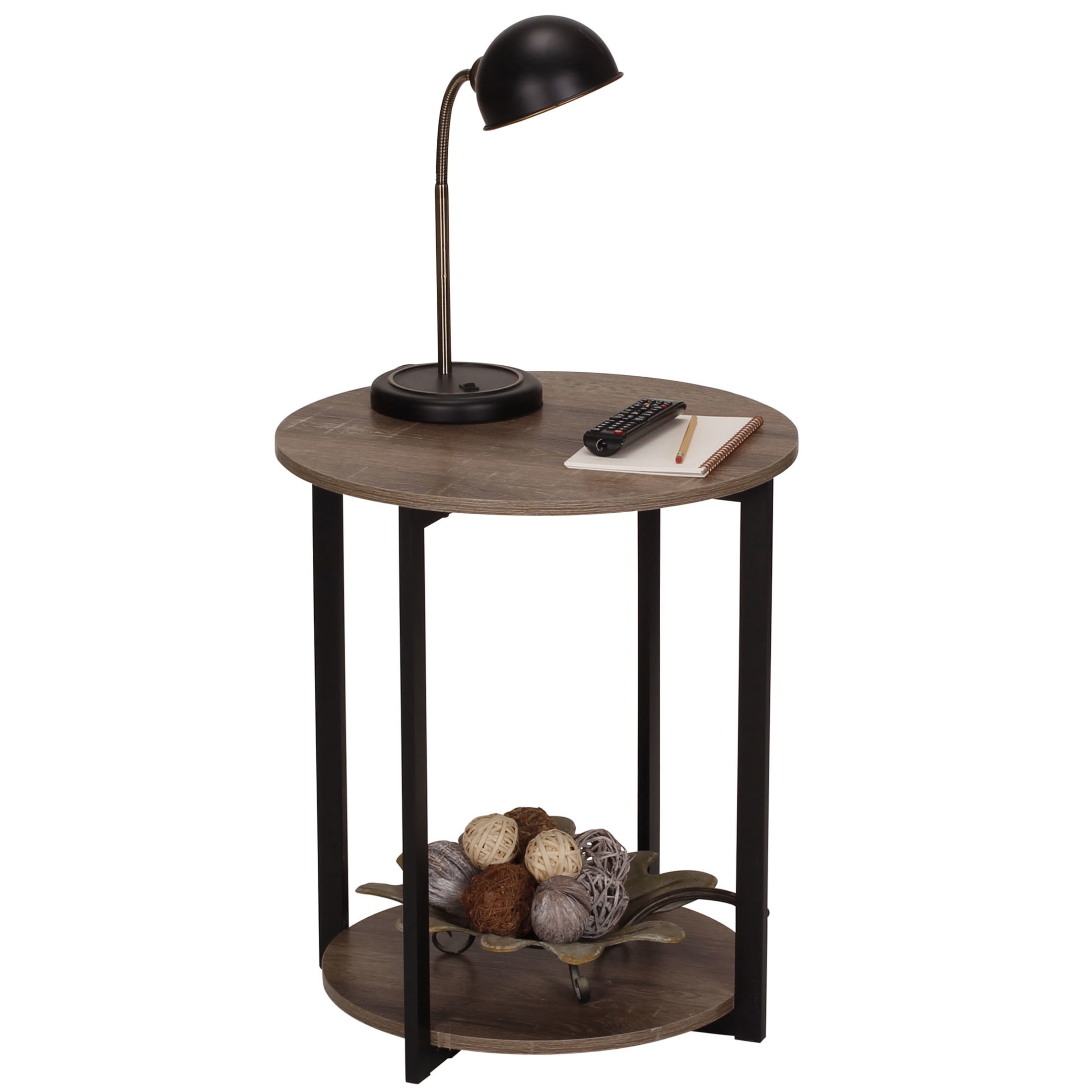 Household Essentials Jamestown Round Side End Table with Storage Shelf Ashwood Rustic Wood Grain and Black Metal