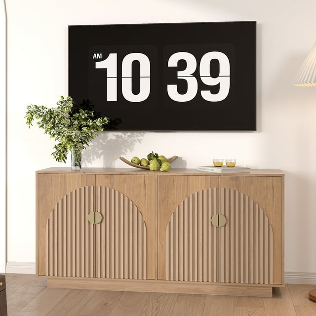 Modern Fluted Sideboard Buffet Cabinet with Storage, 63" Large Coffee Bar & Wine Bar Console Table, Credenza Buffet Table with Gold Metal Handles for Dining Room, Living Room & Kitchen