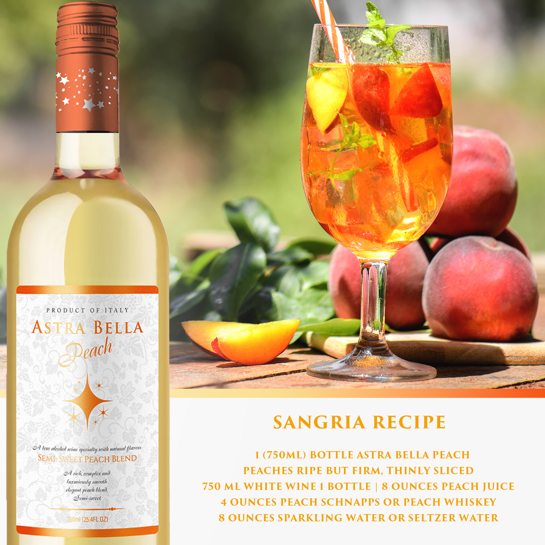 Astra Bella Semi-Sweet Peach, Italian Blend 750 ml Glass Bottle, 5.5% ABV