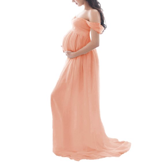 Women Summer Loose Pregnant Dress Solid Color Off-Shoulder Chiffon Gown Maternity Front Split Long Dresses for Photoshoot