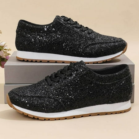 

XDDST Shoes for Women Casual Flat Women s Fashion Sequins Casual Lace Up Sport Shoes Sneakers Glitter Breathable Bling Ladies Running Shoes Black