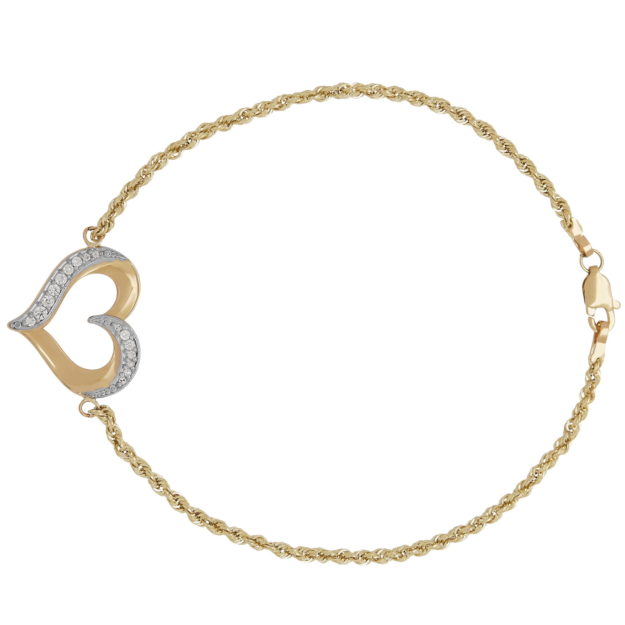 Brilliance Fine Jewelry 10K Yellow Gold Open Heart with Cubic Zirconia on Rope Bracelet, 7.5"