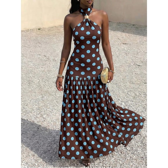 Brown Polka Dot Halter Maxi Dress For Women With Gold Buckle