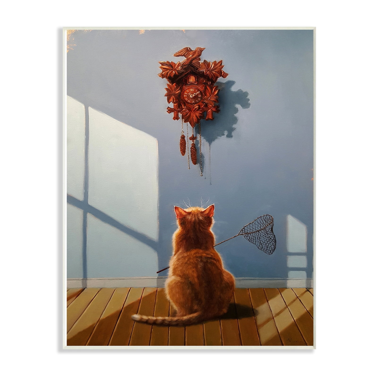 The Stupell Home Decor Collection Cat Waiting For The Cuckoo Clock Funny Dramatic Painting Wall Plaque Art, 10 x 0.5 x 15