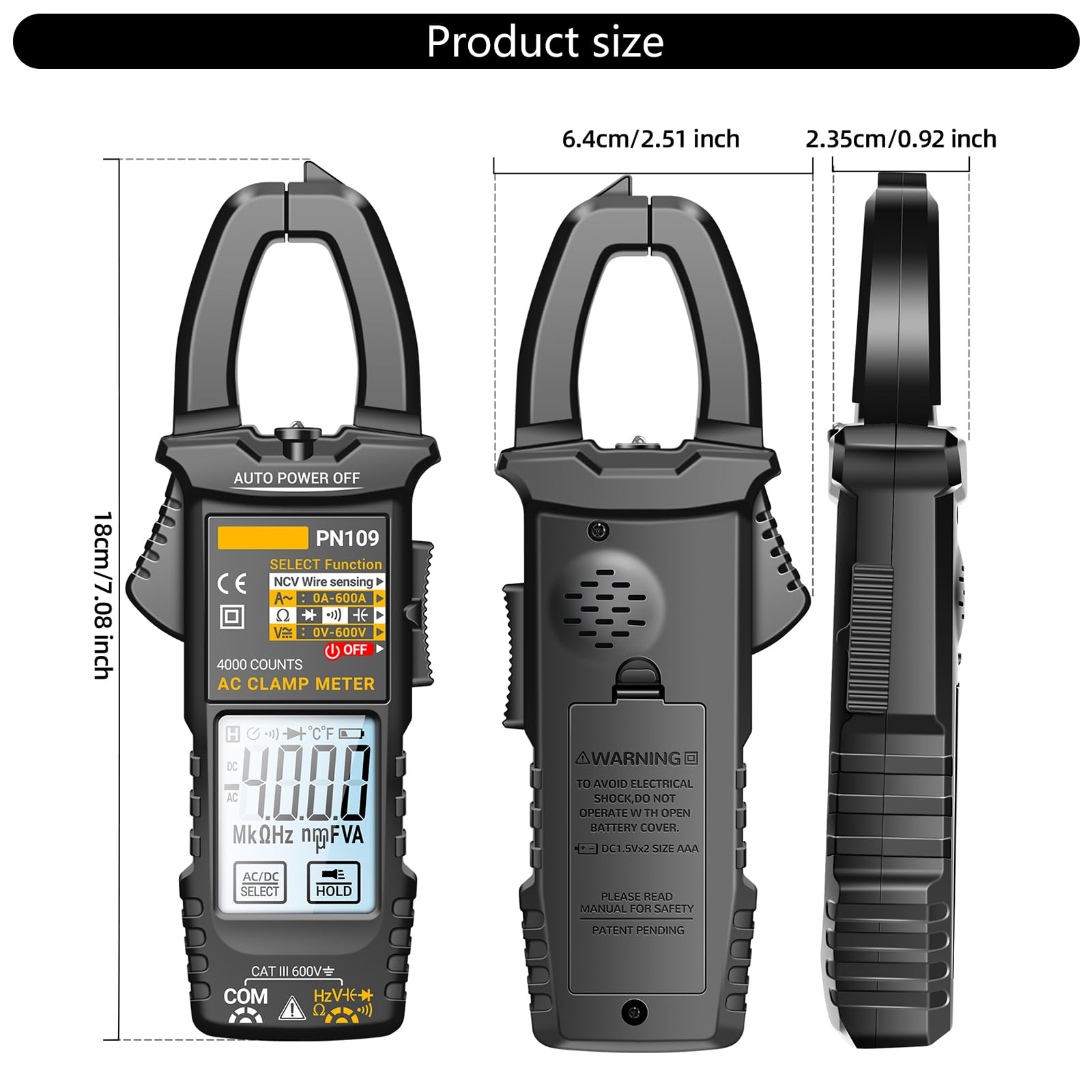 PN109 Multimeter 4000 Counts Digital Display Clamp Meter Tester Battery Operated(NOT Included)