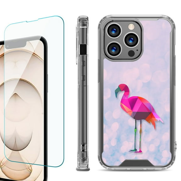 Shockproof Bumper Phone Case for iPhone 13 Pro Max, with Tempered Glass Screen Protector, by OneToughShield ® - Flamingo / Polygon