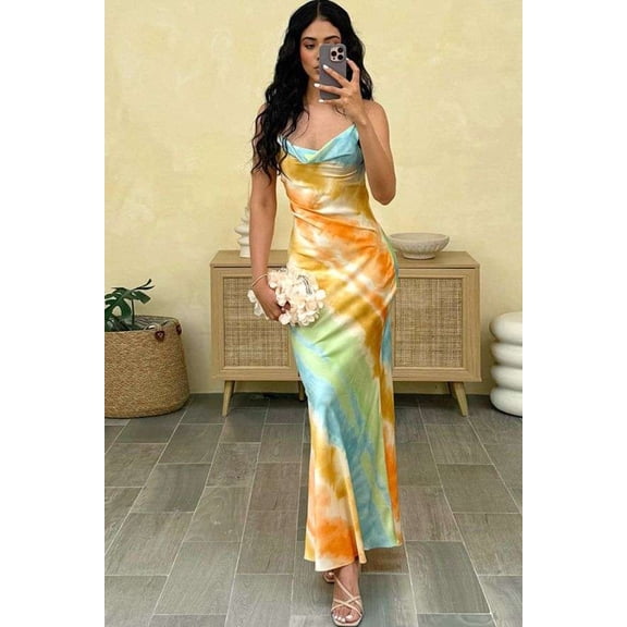 Colorful Tie-Dye Maxi Dress (S, Blue)