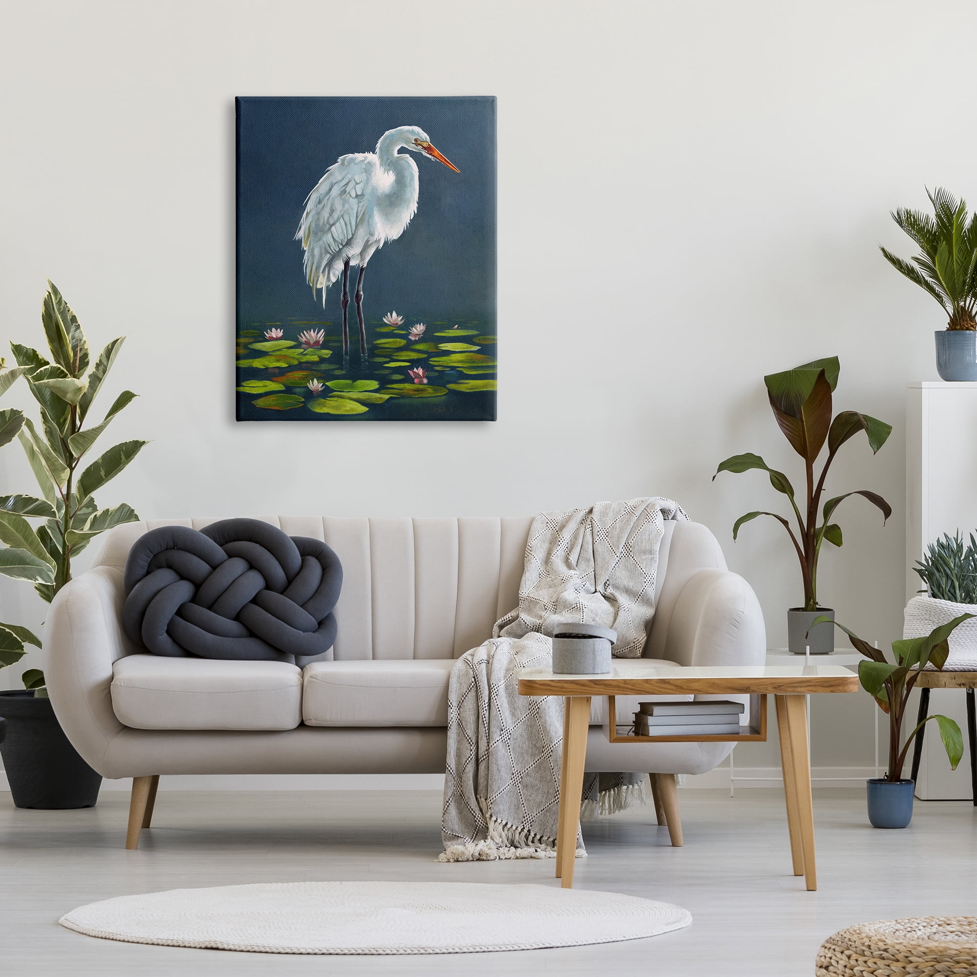 Stupell Industries Egret Bird Standing Lily Pad Pond Deep Blue, 30 x 40, Design by Lucca Sheppard