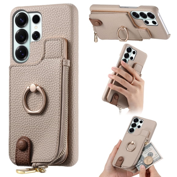 Dteck Wallet Case for Samsung Galaxy S26 Ultra,Shockproof Leather PC Zipper Wallet RFID Blocking Case Ring Holder Kickstand Cover,Khaki