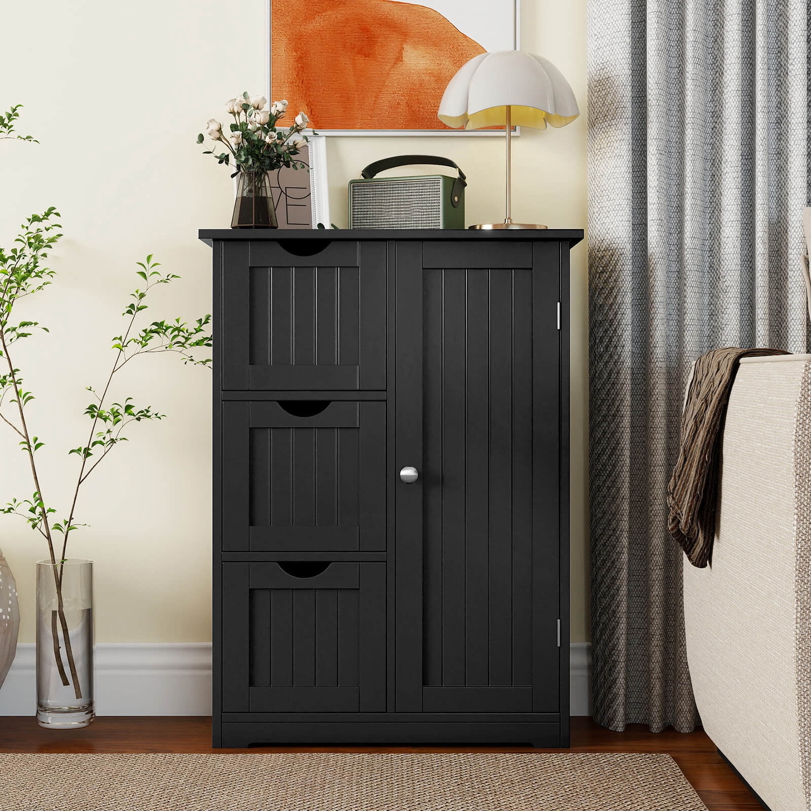 Costway Bathroom Floor Cabinet Side Storage Cabinet, Black, 12''