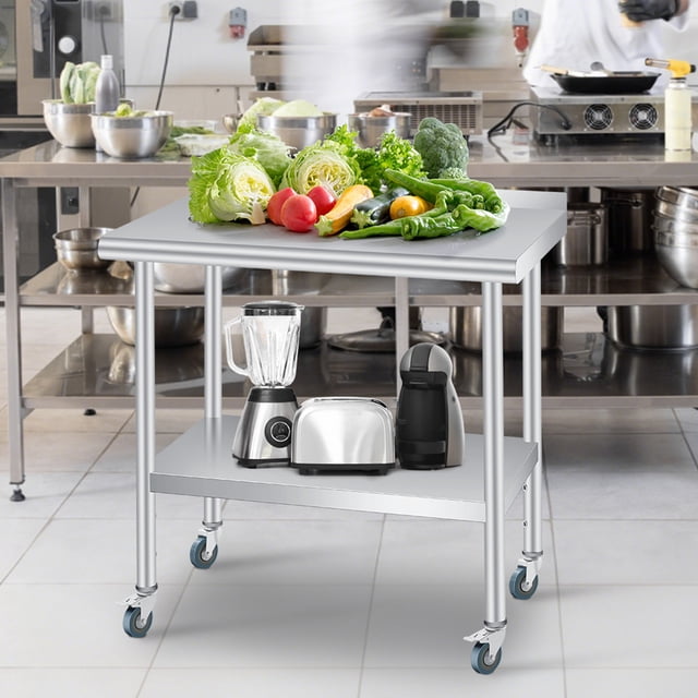 EDTara Stainless Steel Work Table With Wheels, 30" x 24" Commercial Prep Table With Backsplash, Adjustable Shelf, and Rounded Edges for Workshop, Kitchen, or Restaurant