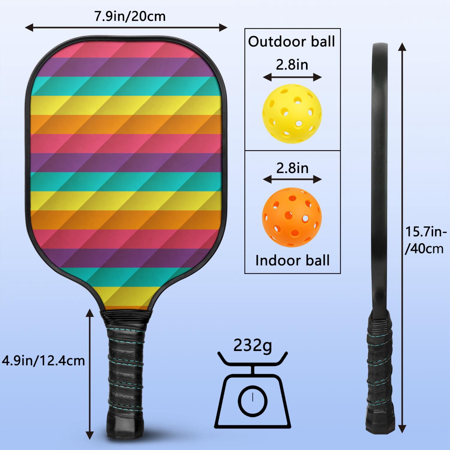 Pickleball Paddles Set Of 2, Fiberglass Surface, Vibrant Rainbow Print, 4 Balls & Bag
