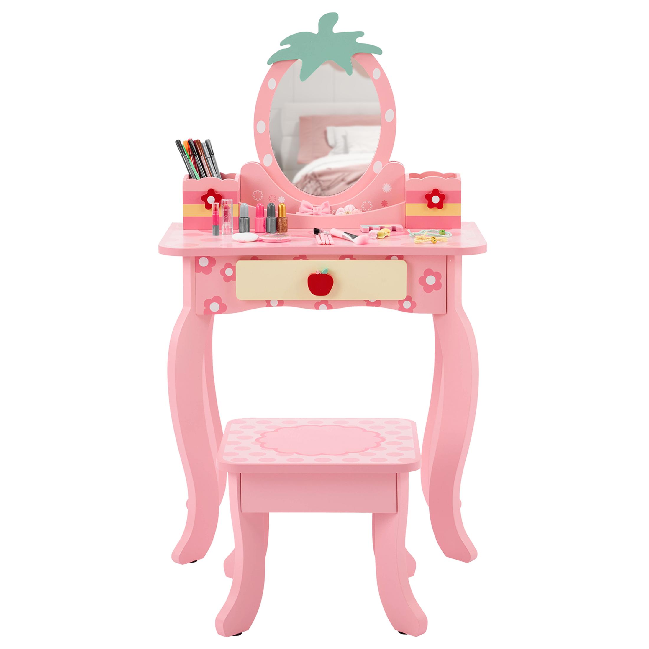 SESSLIFE Kids Vanity Set with Mirror and Drawers, Wooden Princess Makeup Desk Set, Toddler Dressing Table Set, Pretend Play Kids Vanity Table and Chair Set for Little Girls aged 3+, Pink