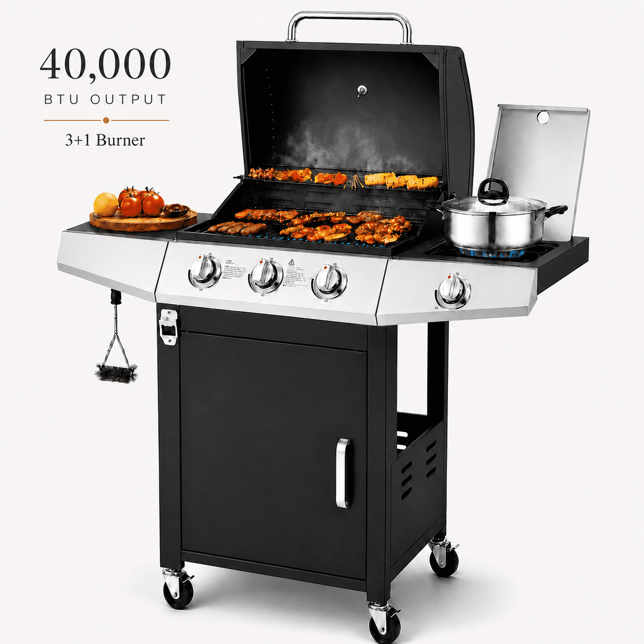 Gas Grill with Side Burner, Powerful 40,000BTU 3 Burner Propane Grill w/Brush, Stainless Steel Outdoor BBQ Grill Portable for Backyard Patio, Anti-Tilt Design, Universal Wheels, Warming Rack
