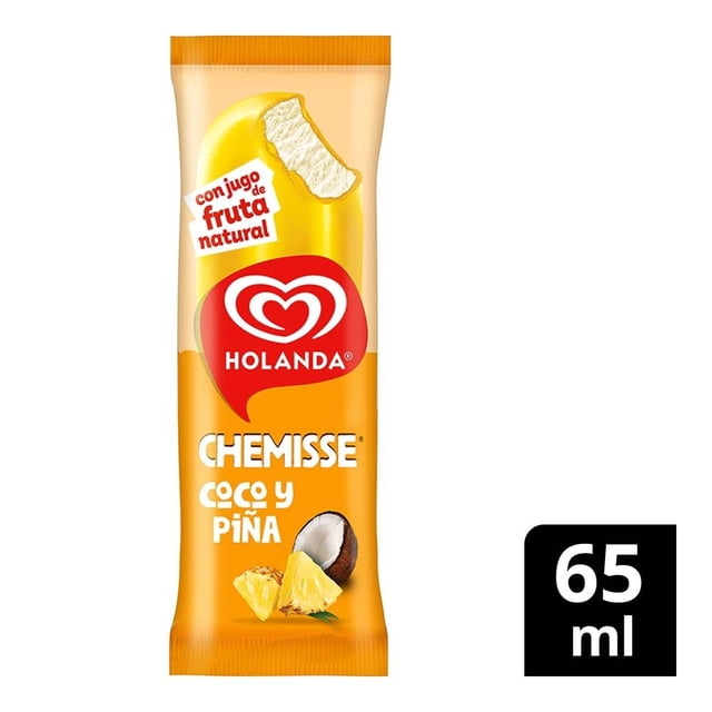 Paleta helada Holanda Chemisse coco y piña 65 ml con cremoso helado de coco y cubierta sabor piña en empaque naranja con logo rojo de Holanda y texto que indica jugo de fruta natural, ideal para disfrutar como postre tropical refrescante y a base de fruta natural.