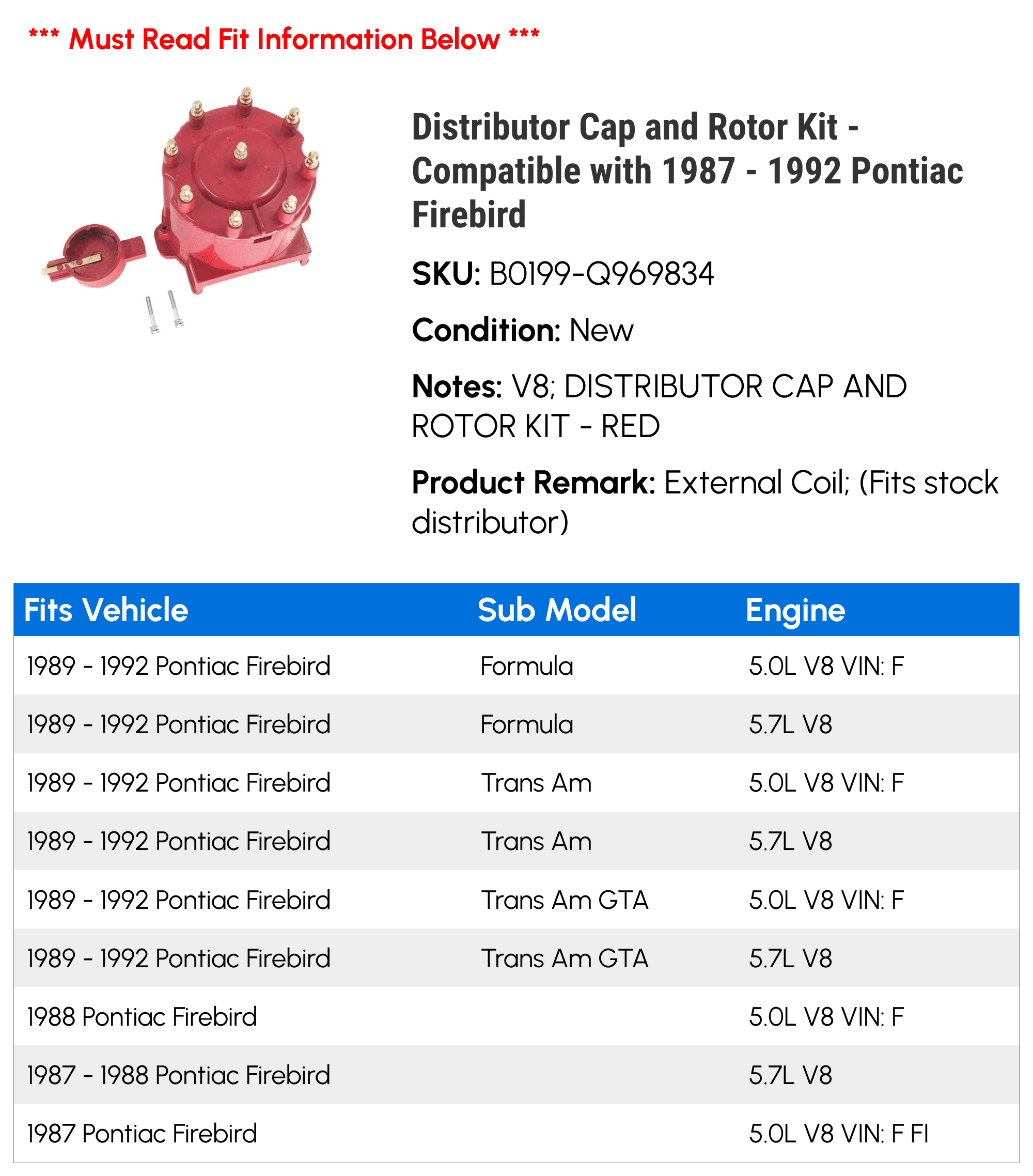 Distributor Cap and Rotor Kit - Compatible with 1987 - 1992 Pontiac Firebird 1988 1989 1990 1991
