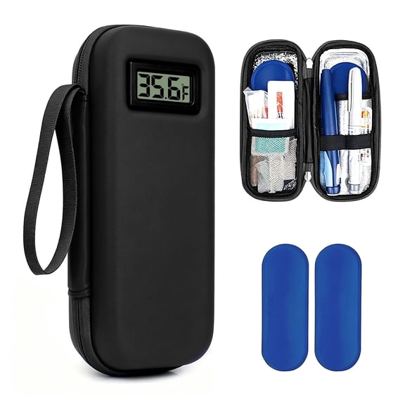 Smyeviva Insulin Cooler Travel Case Temperature Display with 2 TSA Approved Ice Packs Insulin Pen Cooler Case for Diabetic Insulin and Peptide Medication Cases (Black)