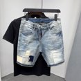 thumbnail image 2 of Pantalones vaqueros cortos para hombre, con parches rotos de varios colores, pantalones cortos de mezclilla para hombre, pantalones cortos desgastados elásticos con botones finos, ropa de calle de ver, 2 of 5