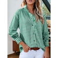 thumbnail image 5 of Women'S Plaid Ruffle V Neck Button Down Blouse Casual Long Sleeve Gingham Work Checkered Shirt Tops Green L, 5 of 8