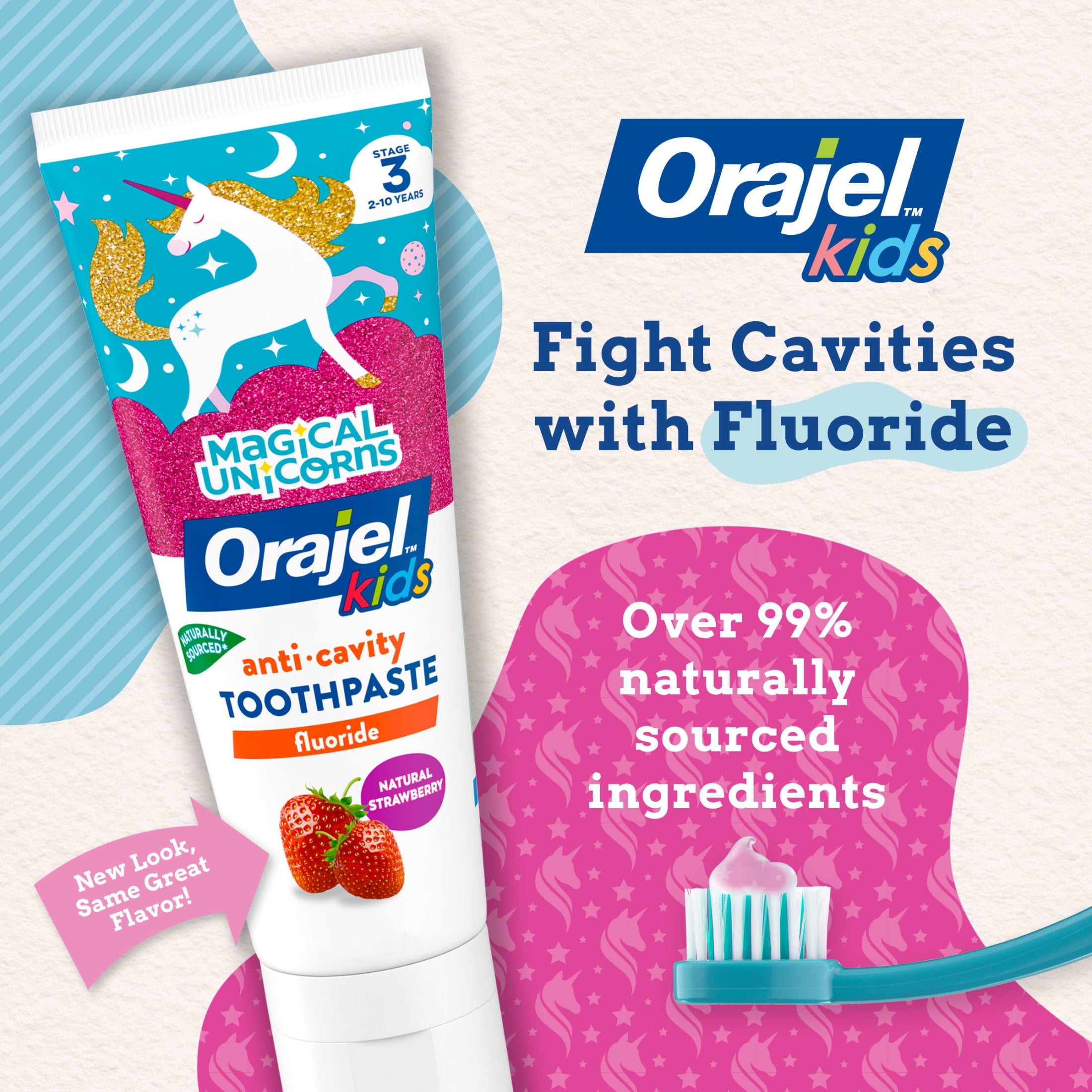 Orajel Kids Magical Unicorns Anti-Cavity Fluoride Toothpaste, Natural Very Berry Strawberry Flavor, 4.2oz Tube