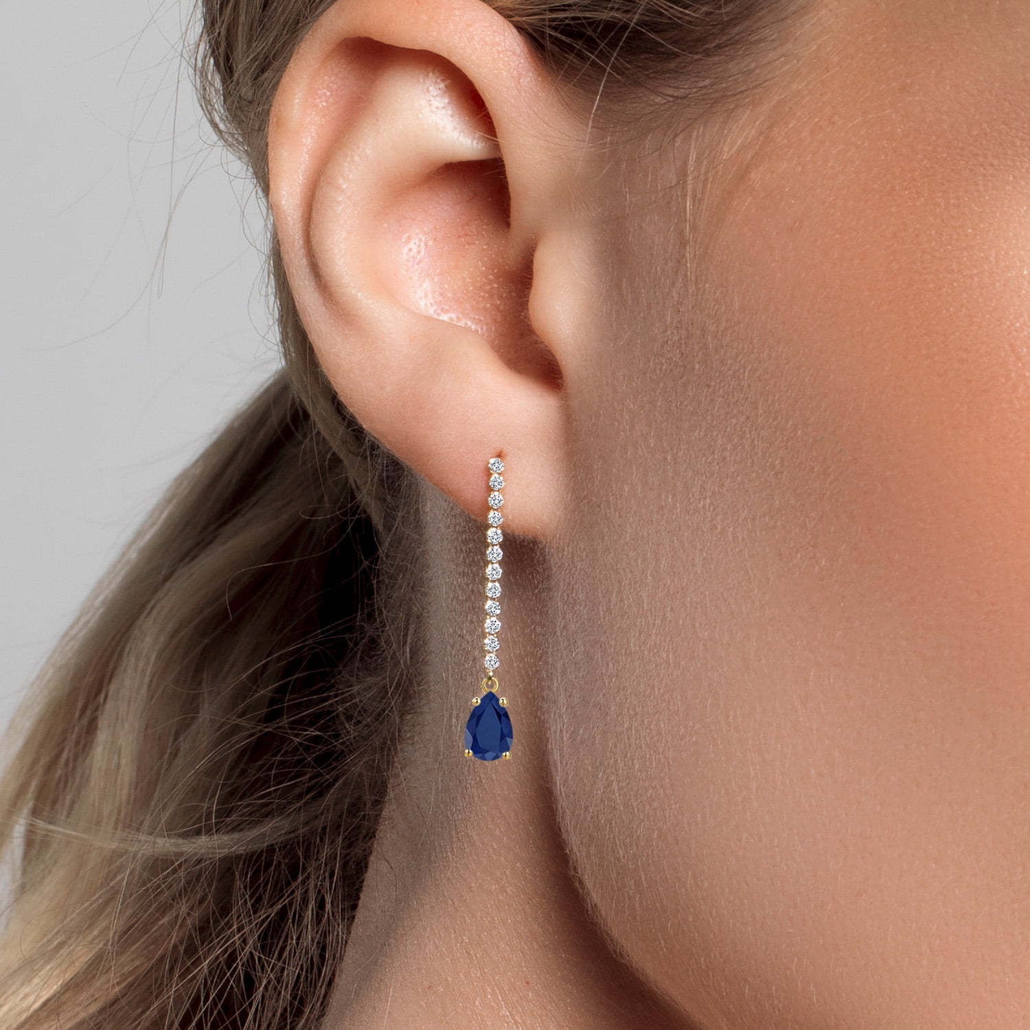 14K Yellow Gold Blue Sapphire and White Lab Grown Diamond Long Liner Dangle Earrings for Women | 2.14 Cttw | Gemstone September Birthstone | Pear Shape 7X5MM | White Gold Chain Drop Earrings