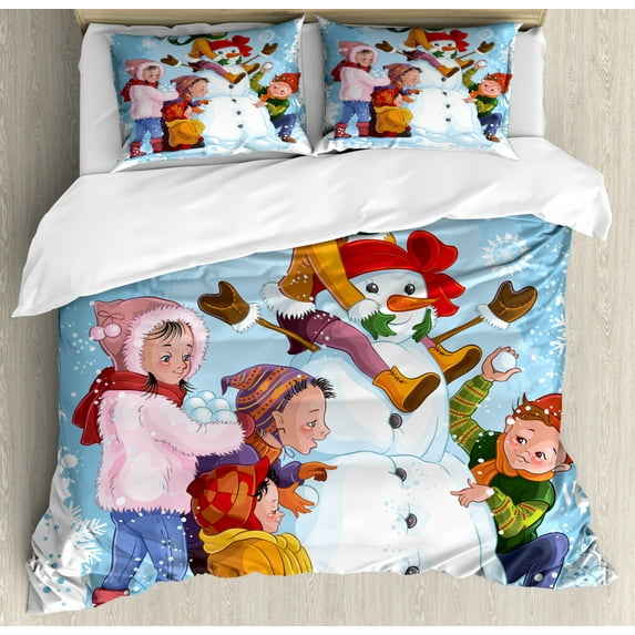 Snowman Duvet Cover Set King Size, Cartoon Style Design of Children Playing Outside in the Snow Holiday Feels, Decorative 3 Piece Bedding Set with 2 Pillow Shams, Multicolor, by Ambesonne
