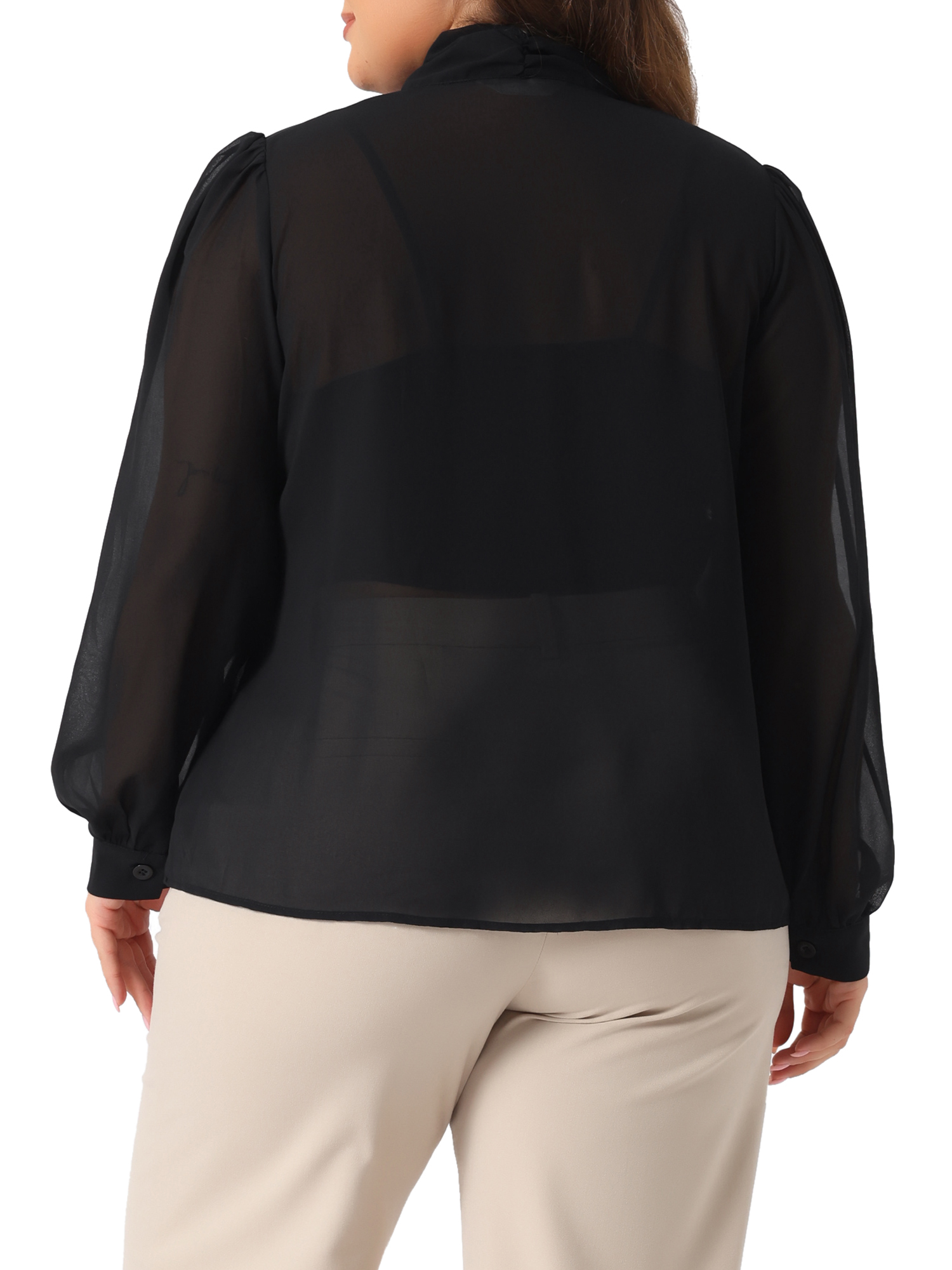 DARING DIVA Women's Plus Size Sheer Chiffon Bow Tie Neck Long Sleeve Blouse 1X Black
