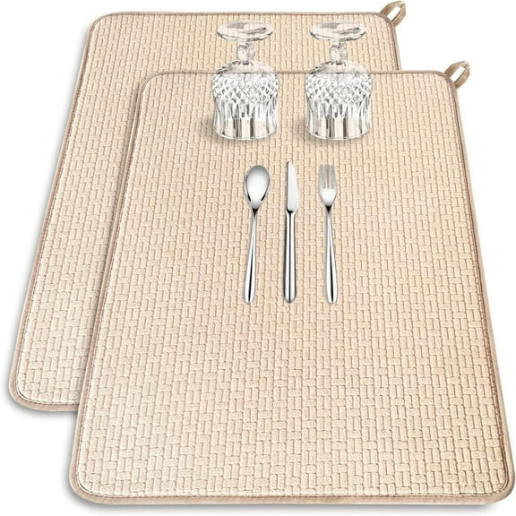 2 Pack Microfiber Dish Drying Mat,20 X 15 inch Quick-Dry Absorbent Kitchen Counter Mat for Countertops,Sinks,Draining Racks(Beige)