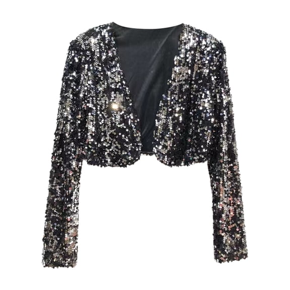 Women's Cropped Cardigan Open Front Long Sleeve Sparkly Sequin Jacket Party Clubwear Shrug