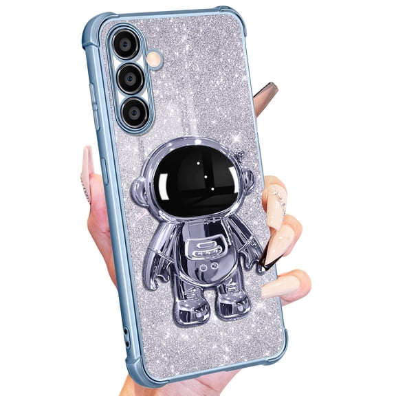 Buleens for Samsung Galaxy S24 Case for Women Girls Cute Astronaut Glitter Girly Sparkly Phone Cover with 6D Astronaut Hidden Stand Kickstand Design Sparkle Bling Cases for Samsung S24 6.2'' Blue