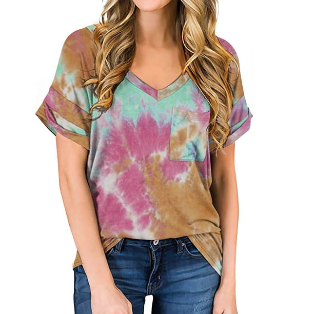 Puntoco Blusa de manga corta con cuello en V para mujer con estampado de teñido anudado Puntoco Puntoco-4208