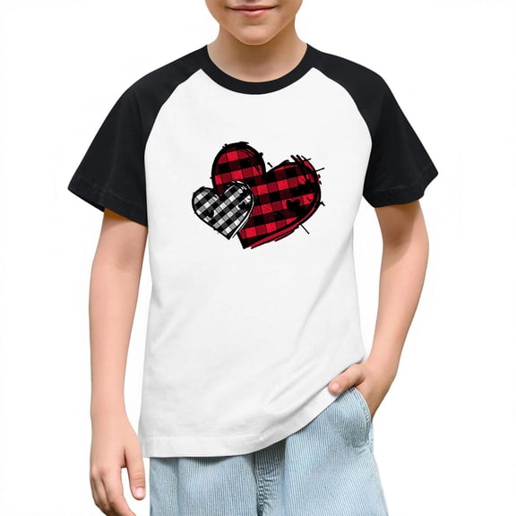 FAWUUDO Valentines Gift for Kids Short Sleeve Raglan Tee Casual Graphic Print T Shirt Boys Girls Romantic Holiday Summer Top Black 9-10 Years