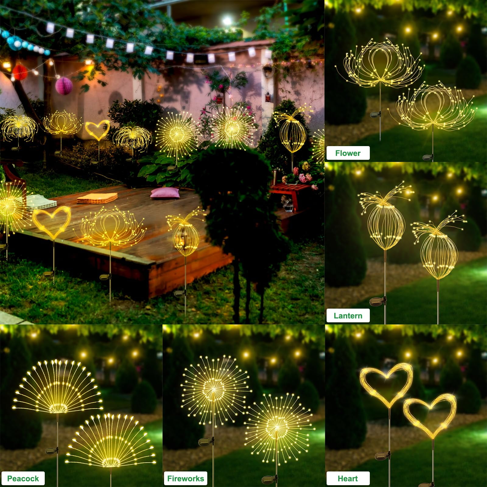 NITIDSKY 2 pack 360 LED Outdoor Solar Christmas Lights Solar Firework Lights with 8 Modes Outdoor Waterproof Garden Lawn Walkway Yard Decoration, Warm White