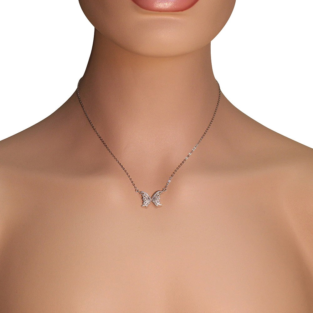 925 Sterling Silver White Clear CZ Butterfly Pendant Necklace, 18"