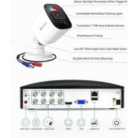 Swann - Enforcer 8 Channel, 4 Camera Indoor/Outdoor, Wired 1080p 1TB HD DVR Security System with 1-Way Audio over Coax
