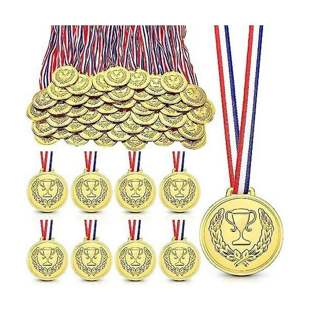 Medalla de oro plástica de 50 piezas para niños medallas de ganador de trofeo de 2,36 pulgadas para premios con cinta para el cuello Parti