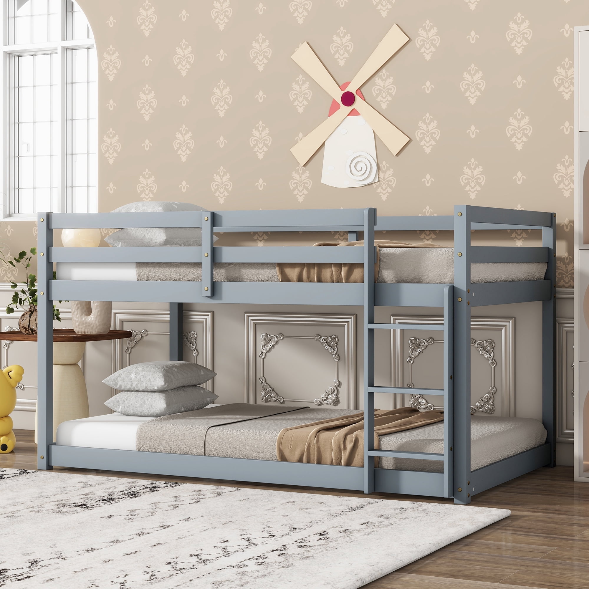 Solid Wooden, Solid Rubber Wooden Twin over Twin Floor Bunk Bed with Ladder, with Bed Platform of Strengthened Slats, Grey