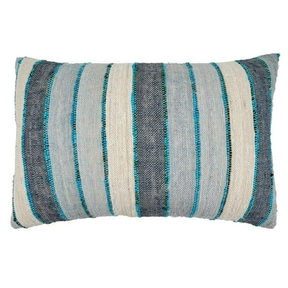 SARO Coussin Décoratif 16 x 24 Po. Rempli de Duvet avec Design Rayé Bleu